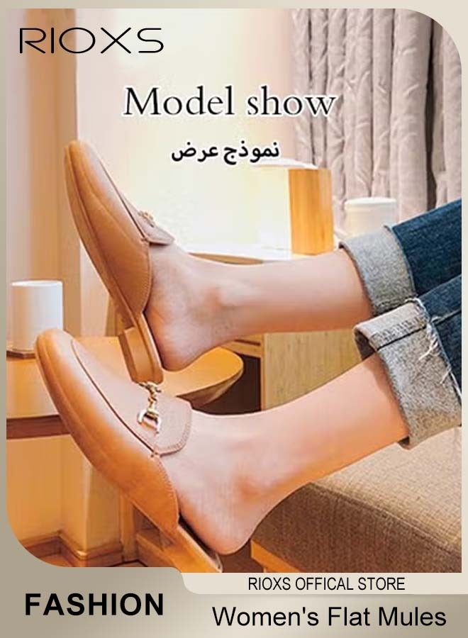 ريوكس حذاء نسائي مسطح بإبزيم مسطح، صندل مغلق من الأمام مغلق من الأمام مريح عصري، حذاء مسطح بدون ظهر، حذاء مسطح بدون كعب، صندل عصري بنعل مرن غير قابل للانزلاق، سهل الارتداء والخلع  - Image 4
