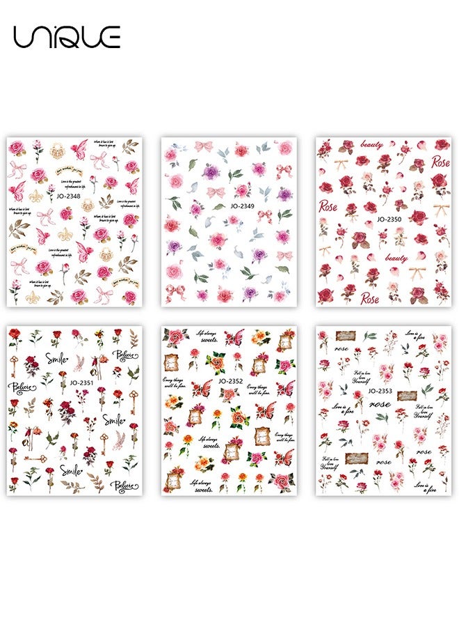 يونيك 6 حزمة روز مسمار الفن ملصقات، 3D الوردي الأحمر روز مسمار زيني، سحر روز ملصقات أظافر الألوان المائية الأحمر الأزهار مسمار 3D ذاتية اللصق تصميم مسمار الديكور للنساء - Image 2