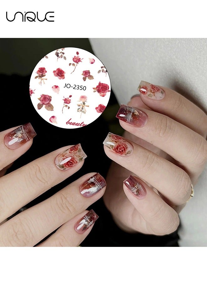 يونيك 6 حزمة روز مسمار الفن ملصقات، 3D الوردي الأحمر روز مسمار زيني، سحر روز ملصقات أظافر الألوان المائية الأحمر الأزهار مسمار 3D ذاتية اللصق تصميم مسمار الديكور للنساء - Image 3