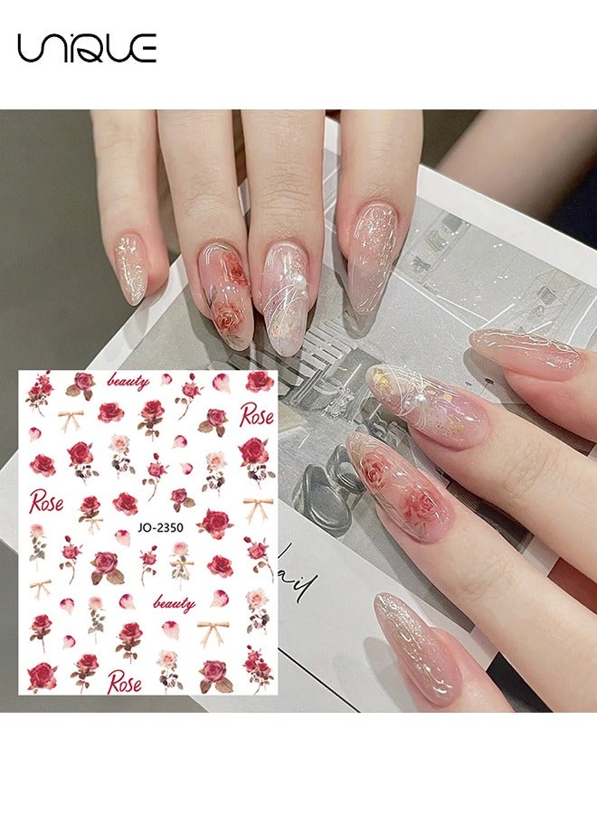 يونيك 6 حزمة روز مسمار الفن ملصقات، 3D الوردي الأحمر روز مسمار زيني، سحر روز ملصقات أظافر الألوان المائية الأحمر الأزهار مسمار 3D ذاتية اللصق تصميم مسمار الديكور للنساء - Image 4