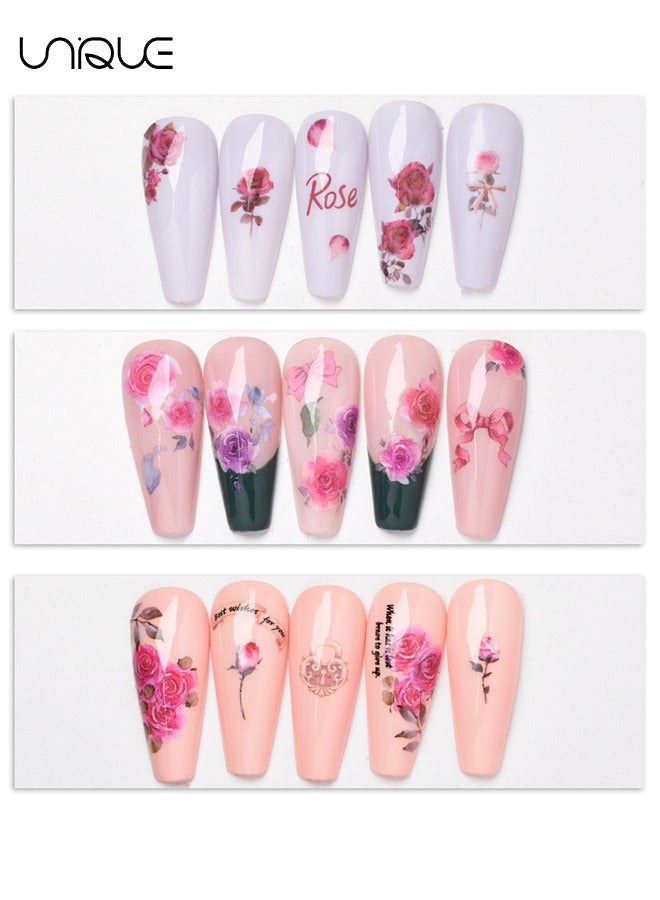 يونيك 6 حزمة روز مسمار الفن ملصقات، 3D الوردي الأحمر روز مسمار زيني، سحر روز ملصقات أظافر الألوان المائية الأحمر الأزهار مسمار 3D ذاتية اللصق تصميم مسمار الديكور للنساء - Image 5