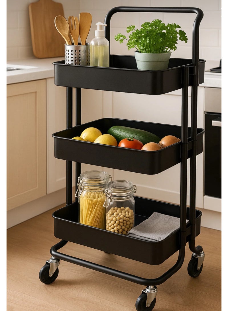 3-Tier Metal Storage Trolley with Wheels – Multi-Purpose Rolling Kitchen Organizer, Black, 35×45×85 cm - Image 1