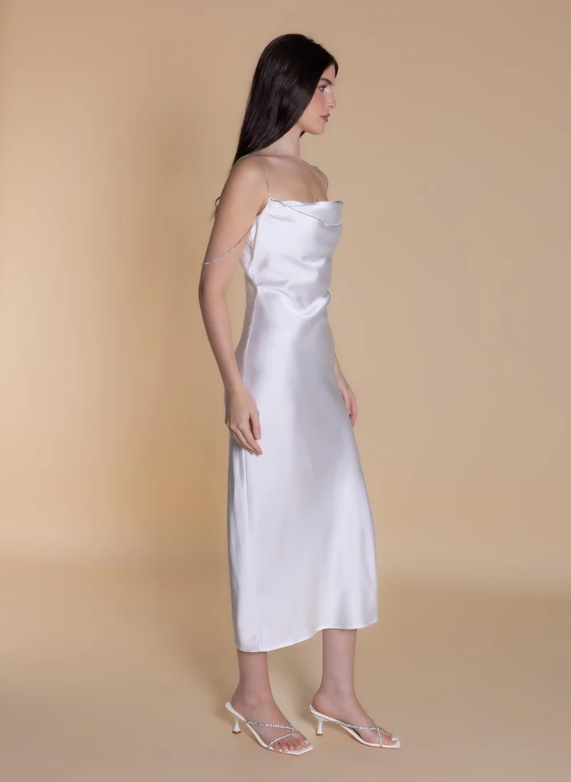 Shapes white MIDI SATIN DRESS WITH CRYSTALS for Women | Best Price UAE