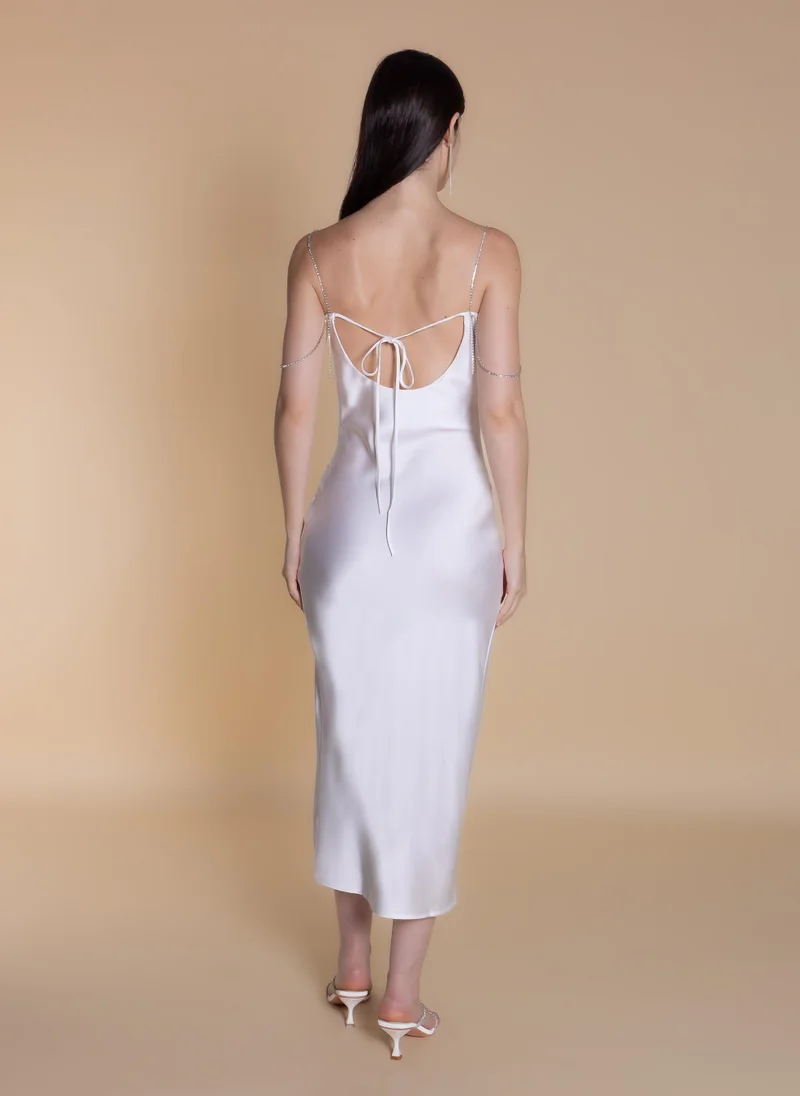 Shapes white MIDI SATIN DRESS WITH CRYSTALS for Women | Best Price UAE