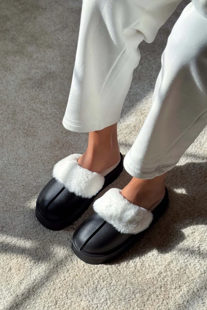 Nişantaşı Shoes Akali Black Matte Furry Flat Sole Women's Home Slippers