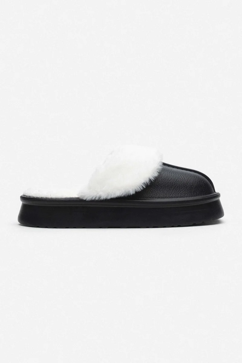 Nişantaşı Shoes Akali Black Matte Furry Flat Sole Women's Home Slippers