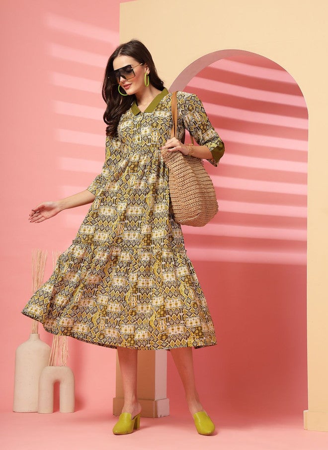 Indibelle Olive Green Ethnic Motifs Printed Cotton Fit and Flare Midi Dress - Image 1