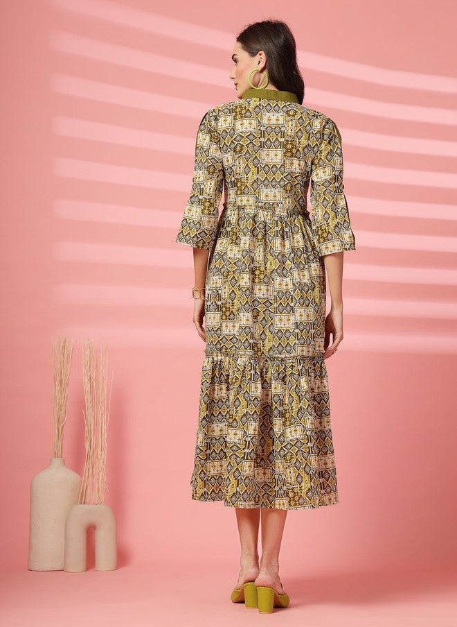 Indibelle Olive Green Ethnic Motifs Printed Cotton Fit and Flare Midi Dress - Image 5
