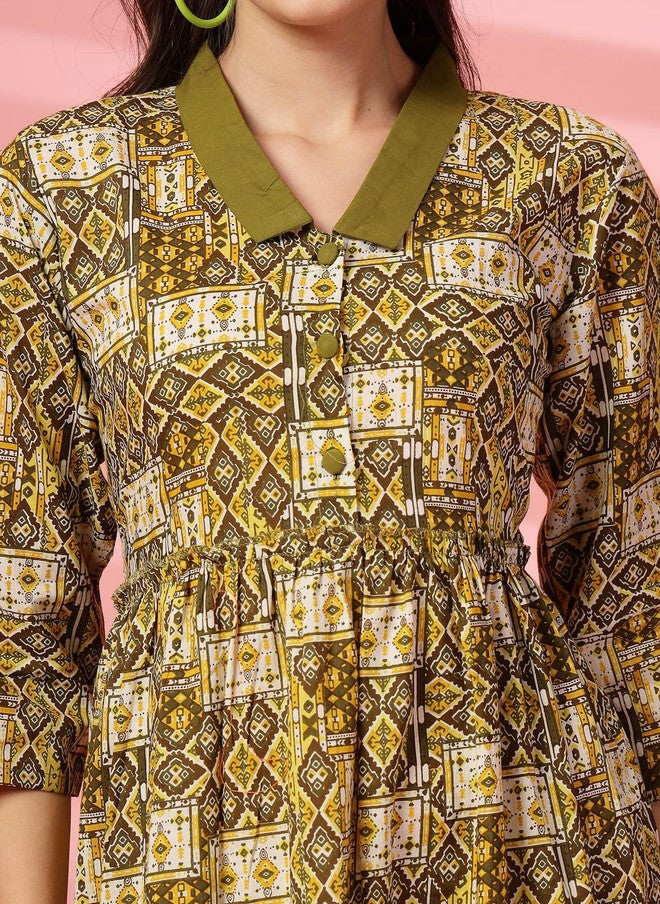 Indibelle Olive Green Ethnic Motifs Printed Cotton Fit and Flare Midi Dress - Image 3