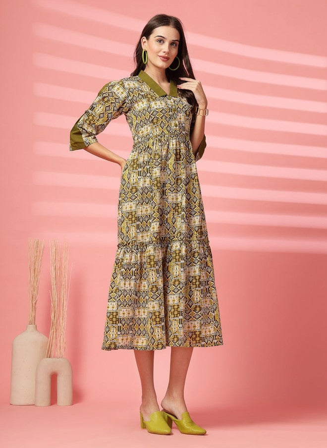 Indibelle Olive Green Ethnic Motifs Printed Cotton Fit and Flare Midi Dress - Image 2