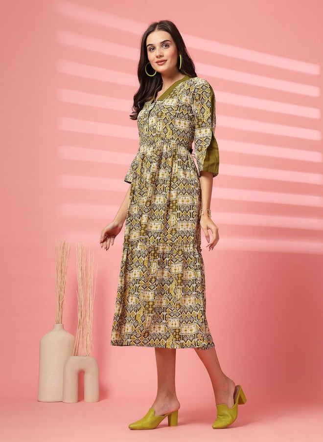 Indibelle Olive Green Ethnic Motifs Printed Cotton Fit and Flare Midi Dress - Image 4
