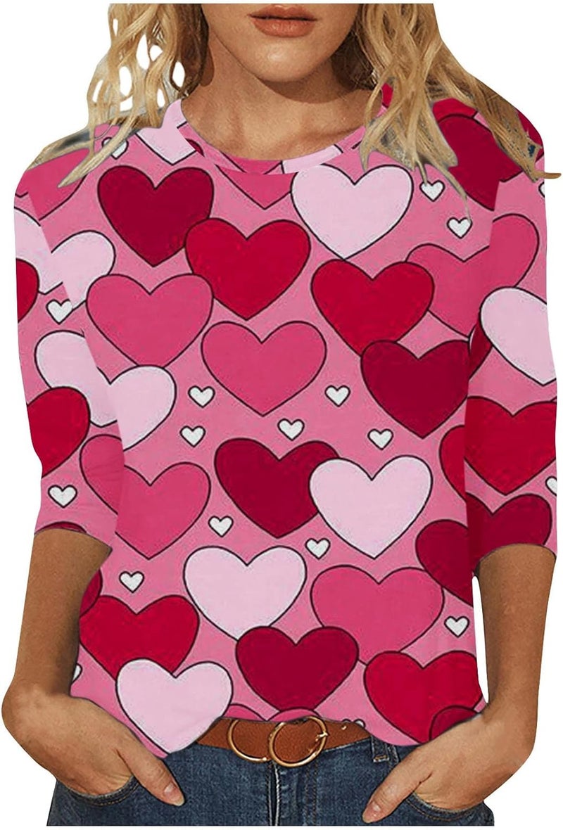 woobles Womens Casual Sweet Heart Print Valentine's Day Round Neck Long Sleeve Sweatshirts Casual Pullover Loose Be Tops XX-Large 003-red - Image 3