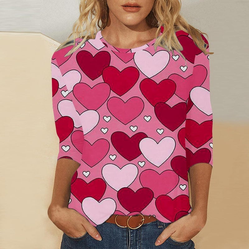 woobles Womens Casual Sweet Heart Print Valentine's Day Round Neck Long Sleeve Sweatshirts Casual Pullover Loose Be Tops XX-Large 003-red - Image 4