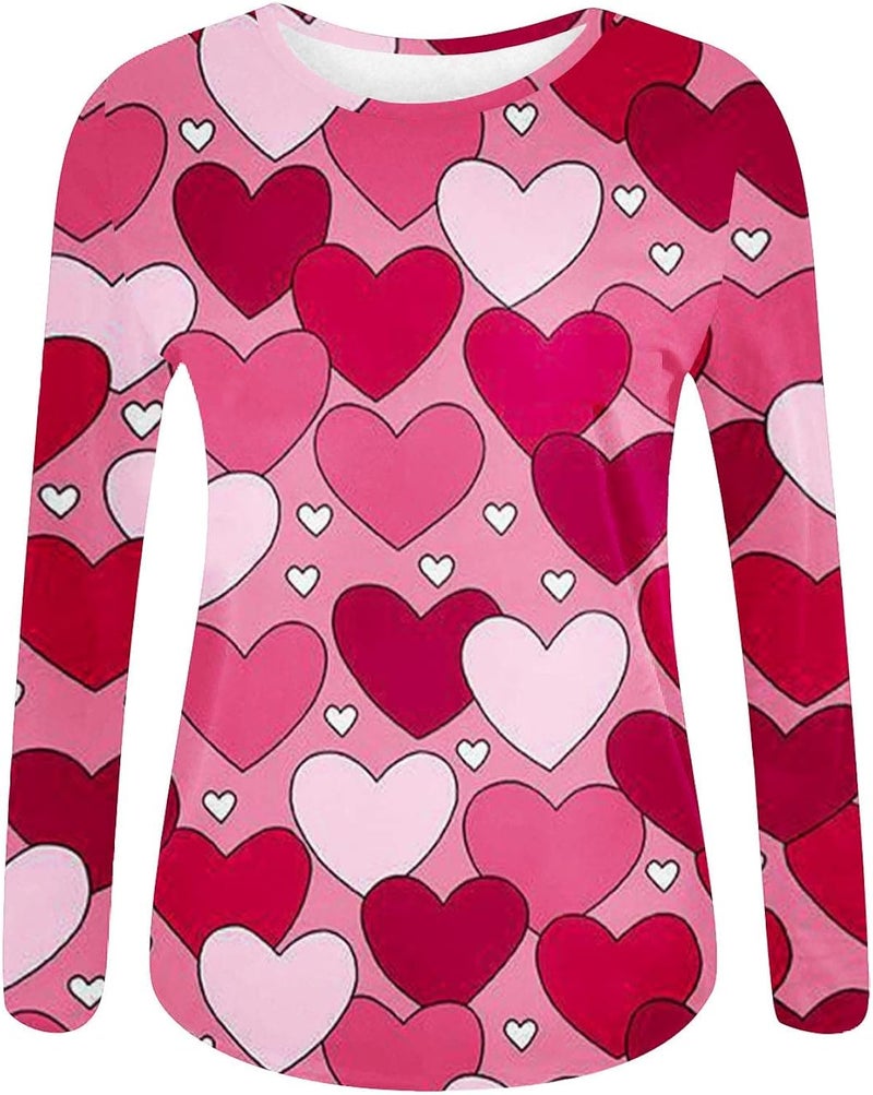 woobles Womens Casual Sweet Heart Print Valentine's Day Round Neck Long Sleeve Sweatshirts Casual Pullover Loose Be Tops XX-Large 003-red - Image 5