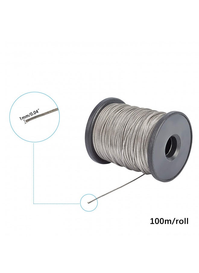 AHANDMAKER 304 Stainless Steel Wire Cable, 328 Ft Length 1/24 Wire Rope with 50 Pcs Rectangle Aluminum Crimping Sleeves for Party Decro String, Clothesline
