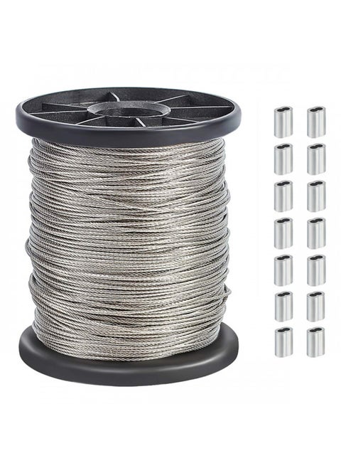 AHANDMAKER 304 Stainless Steel Wire Cable, 328 Ft Length 1/24 Wire Rope with 50 Pcs Rectangle Aluminum Crimping Sleeves for Party Decro String, Clothesline