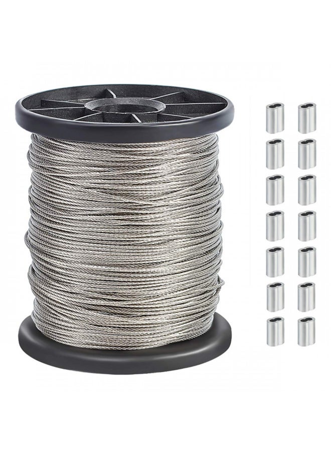 AHANDMAKER 304 Stainless Steel Wire Cable, 328 Ft Length 1/24 Wire Rope with 50 Pcs Rectangle Aluminum Crimping Sleeves for Party Decro String, Clothesline