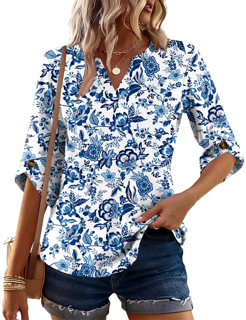 Kistore Ladies Shirts and Blouses Soft V Neck Bell 3/4 Sleeve Comfy Loose Casual Spring Tops Boho Floral Tee Blue M - Image 2