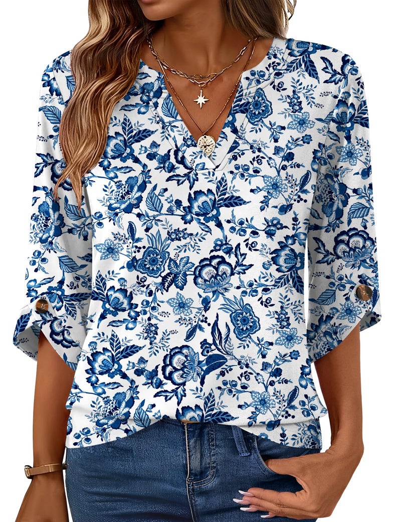 Kistore Ladies Shirts and Blouses Soft V Neck Bell 3/4 Sleeve Comfy Loose Casual Spring Tops Boho Floral Tee Blue M - Image 1