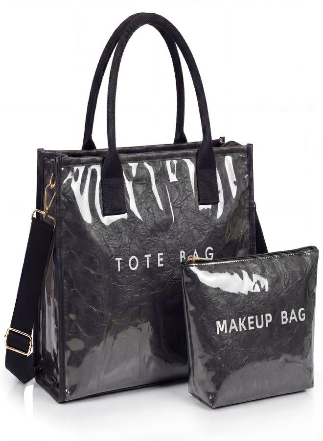 Valentoria PVC Tote Bag for Women, Work Handbag， Kraft Paper Shoulder Bag for Travel Gym Daily Purse and Wallet 2Pcs Set (Black) - Image 1
