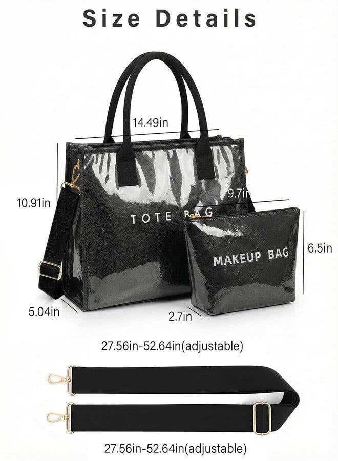 Valentoria PVC Tote Bag for Women, Work Handbag， Kraft Paper Shoulder Bag for Travel Gym Daily Purse and Wallet 2Pcs Set (Black) - Image 4