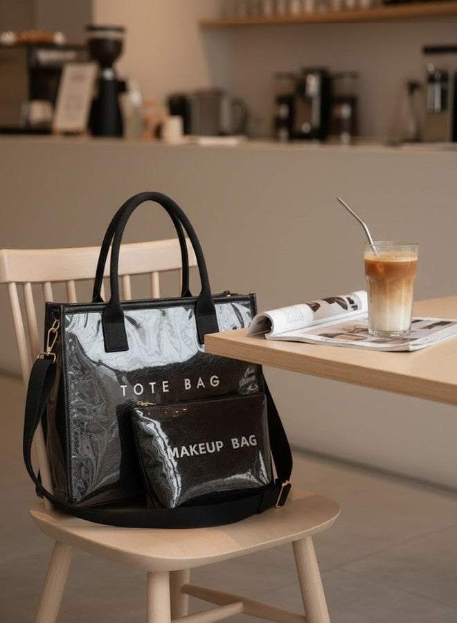 Valentoria PVC Tote Bag for Women, Work Handbag， Kraft Paper Shoulder Bag for Travel Gym Daily Purse and Wallet 2Pcs Set (Black) - Image 3