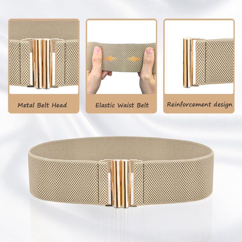 OWMOSYX 3 PCS Wide Stretchy Belt for Women Vintage Elastic Belts for Dresses Stretch Waist Belt with Golden Buckle Black Khaki Brown - Image 3