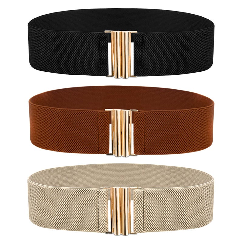 OWMOSYX 3 PCS Wide Stretchy Belt for Women Vintage Elastic Belts for Dresses Stretch Waist Belt with Golden Buckle Black Khaki Brown - Image 1