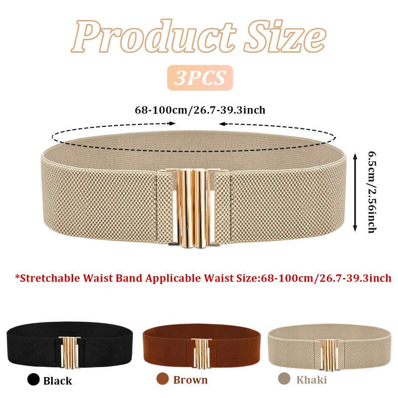 OWMOSYX 3 PCS Wide Stretchy Belt for Women Vintage Elastic Belts for Dresses Stretch Waist Belt with Golden Buckle Black Khaki Brown - Image 2