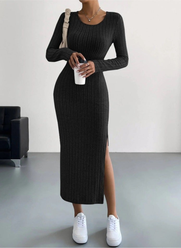 NIBEMINENT Solid Rib Knit Sweater Dress, Elegant Round Neck Long Sleeve Midi Dress, Women's Clothing  - Image 1