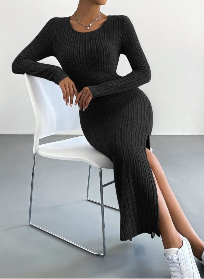 NIBEMINENT Solid Rib Knit Sweater Dress, Elegant Round Neck Long Sleeve Midi Dress, Women's Clothing  - Image 3