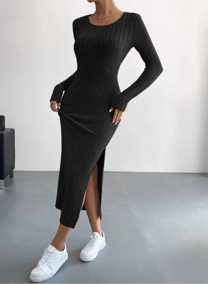 NIBEMINENT Solid Rib Knit Sweater Dress, Elegant Round Neck Long Sleeve Midi Dress, Women's Clothing  - Image 4