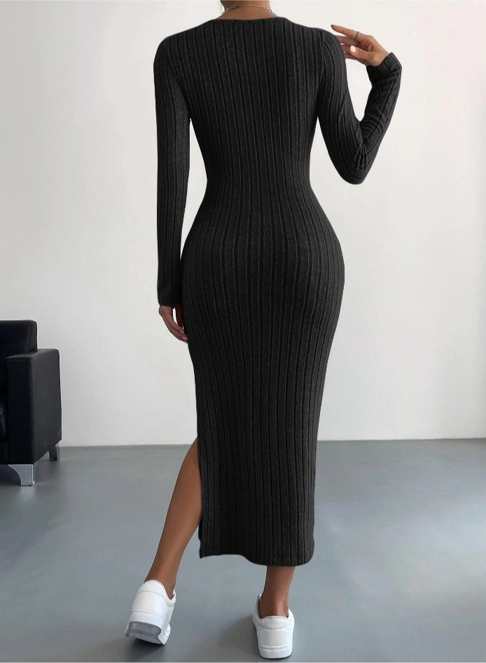 NIBEMINENT Solid Rib Knit Sweater Dress, Elegant Round Neck Long Sleeve Midi Dress, Women's Clothing  - Image 2