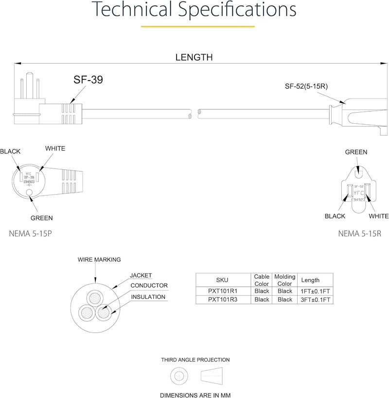 StarTechcom 1ft 03m Power Extension Cord Right Angle NEMA 515P to NEMA 515R 13A 125V 16AWG Computer Power Extension Cord AC Outlet Extension Cable UL Listed PAC101R1 - Image 5