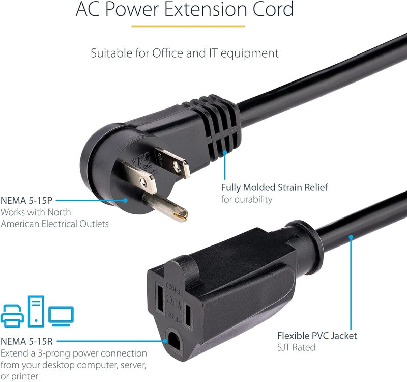 StarTechcom 1ft 03m Power Extension Cord Right Angle NEMA 515P to NEMA 515R 13A 125V 16AWG Computer Power Extension Cord AC Outlet Extension Cable UL Listed PAC101R1 - Image 3