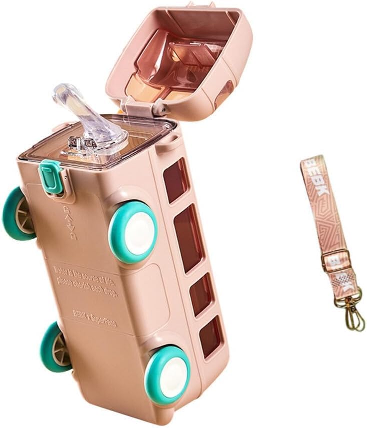 Prokart زجاجة ماء حافلة مميزة مع حزام للأطفال | جرة شرب لطيفة بعجلات مقاومة للتسرب، 500 مل | زجاجة شرب محمولة للأطفال البنات والأولاد لوازم المدرسة (وردي) - Image 1