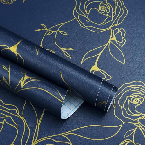 FOKRIM Blue Gold Rose Wallpaper for Wall Sticker for Home,Office 45.5x300.5cm Sticker Wallpaper Peel and Stick Hexagon Removable Self Adhesive Waterproof Wallpaper(Pack of 1) - Image 1