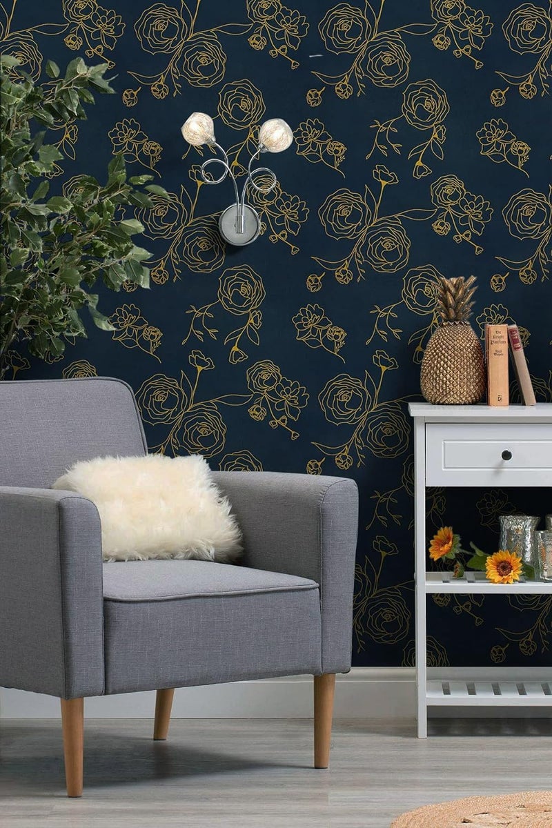 FOKRIM Blue Gold Rose Wallpaper for Wall Sticker for Home,Office 45.5x300.5cm Sticker Wallpaper Peel and Stick Hexagon Removable Self Adhesive Waterproof Wallpaper(Pack of 1) - Image 2