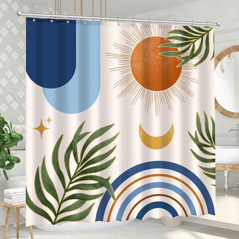 JWXCBIM Boho Mid Century Shower Curtain  Bohemian Blue Minimalist Simple Aesthetic Modern Bathroom Decor  Colorful Rainbow Sun Moon Natural Botanical Leaves Fabric Cloth Bath Curtain 72x72 Inches - Image 2