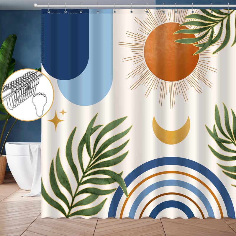 JWXCBIM Boho Mid Century Shower Curtain  Bohemian Blue Minimalist Simple Aesthetic Modern Bathroom Decor  Colorful Rainbow Sun Moon Natural Botanical Leaves Fabric Cloth Bath Curtain 72x72 Inches - Image 1
