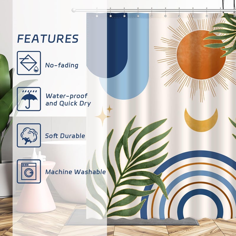 JWXCBIM Boho Mid Century Shower Curtain  Bohemian Blue Minimalist Simple Aesthetic Modern Bathroom Decor  Colorful Rainbow Sun Moon Natural Botanical Leaves Fabric Cloth Bath Curtain 72x72 Inches - Image 5