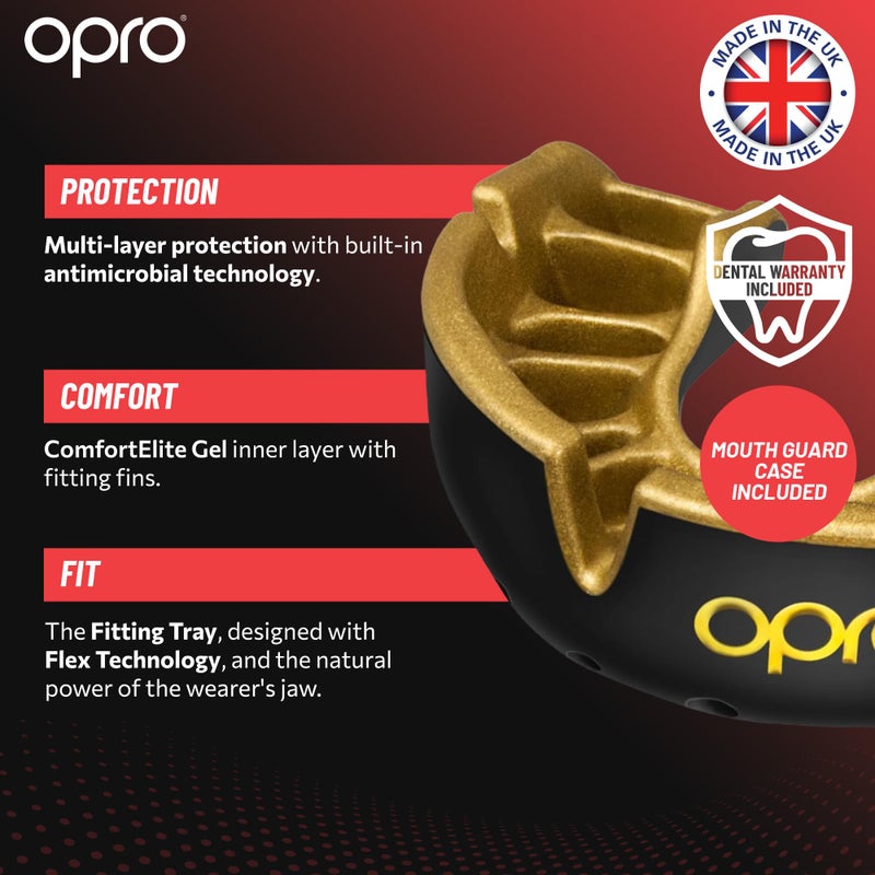 OPRO حارس الفم OPRO بمستوى الذهب - حارس فم قابل للتشكيل مع راحة متميزة وحماية متعددة الطبقات للملاكمة، MMA، الرجبي، الهوكي، وكرة القدم - يشمل علبة (UFC - أسود/ذهبي، للبالغين) - Image 3