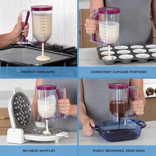 KPKitchen Pancake Batter Dispenser - Kitchen Must Have Tool for Perfect Pancakes, Cupcake, Waffle, Muffin Mix, Cake & Crepe - Baking Supplies for Griddle - Pancake Maker with Measuring Label (Purple) - Image 2