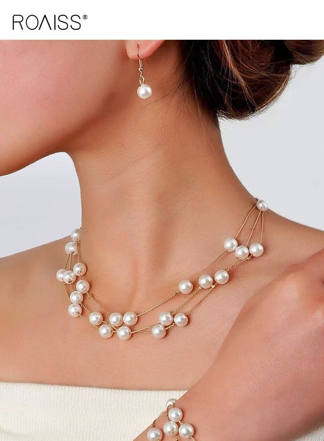 roaiss Fashion 3 Piece Set Pearl Necklace Stacked Bracelet And Earrings Set Elegant Light Luxury French Inspired Jewelry For Women Gift Idea - Image 2