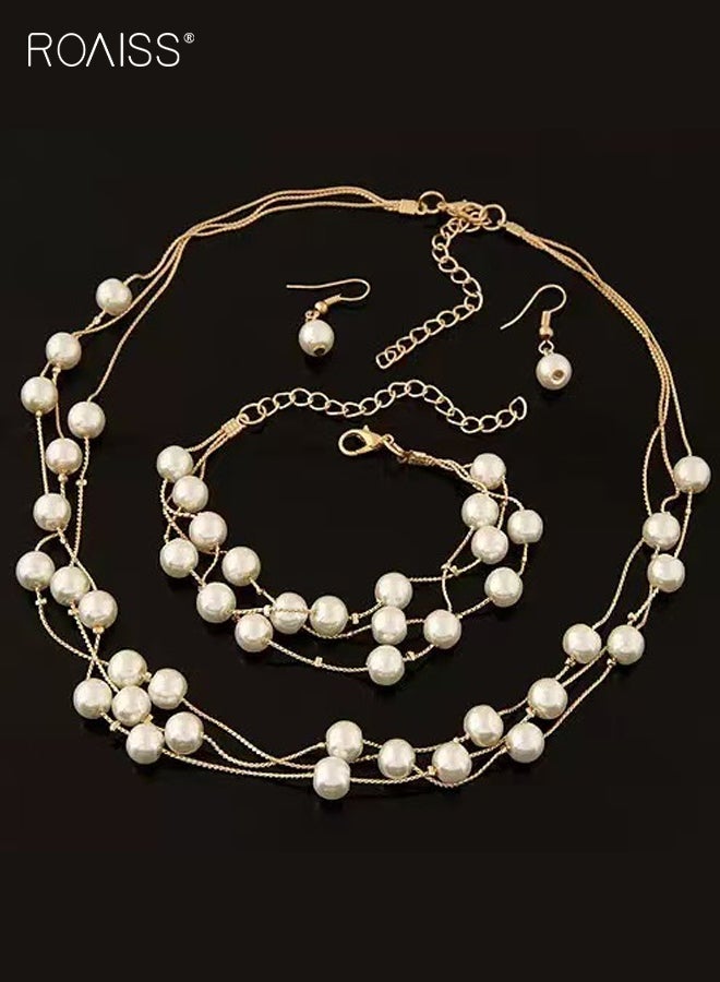 roaiss Fashion 3 Piece Set Pearl Necklace Stacked Bracelet And Earrings Set Elegant Light Luxury French Inspired Jewelry For Women Gift Idea - Image 3