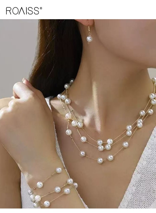 roaiss Fashion 3 Piece Set Pearl Necklace Stacked Bracelet And Earrings Set Elegant Light Luxury French Inspired Jewelry For Women Gift Idea - Image 1