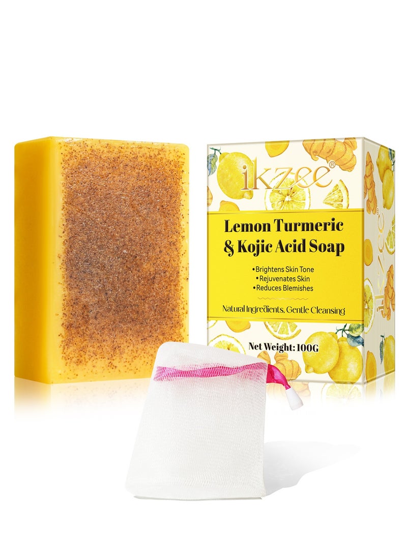 Ikzee lemon turmeric kojic acid soap exfoliating deep cleansing moisturizing skin handmade bath soap 100g - Image 2