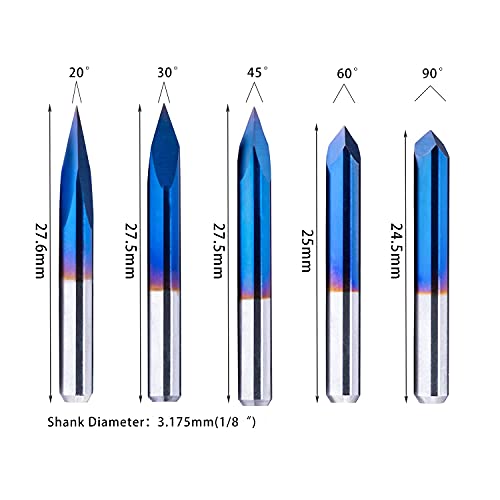 FoxAlien 20/30/45/60/90deg 0.1mm Triangular CNC Router Bits Set, 1/8" Shank Engraving Carving V-Bit with Nano Blue Coating Sharp Pyramid Bits for Acrylic Wood MDF Aluminum Lettering Sign Making - Image 5