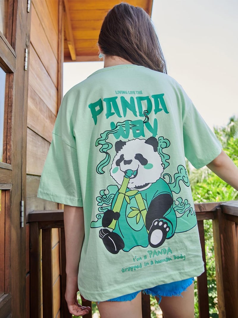 Bewakoof Women's Graphic Printed Oversized Fit Half Sleeve Round Neck Cotton T-Shirt_581312_Green_M - Image 4