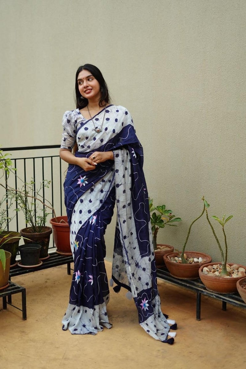 Yashika Women's Chanderi Floral With Abstract Pattern Printed Saree | Blue Color Saree | Women Sari | Saree_(AZ-YS-OG1-SAMAIRA BLUE) - Image 2